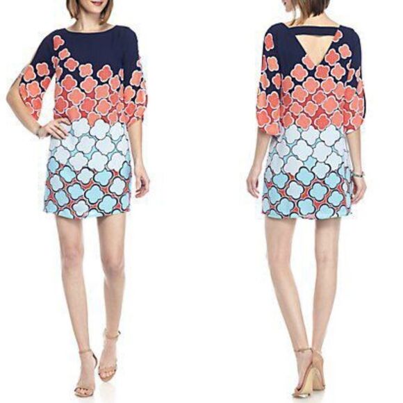 𝅺KAARI Blue 3/4 Sleeve Cold Shoulder Shift Dress - Picture 1 of 8